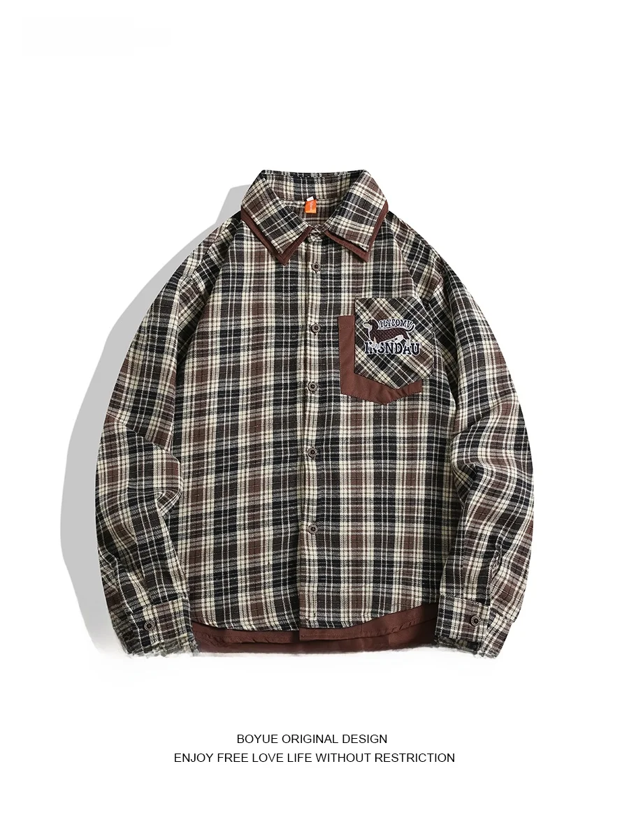 

Boyue Long Sve Embroidered Plaid irt Casual Brued ex Jaet Youth Faion Spring Autumn Wear for Men And Women