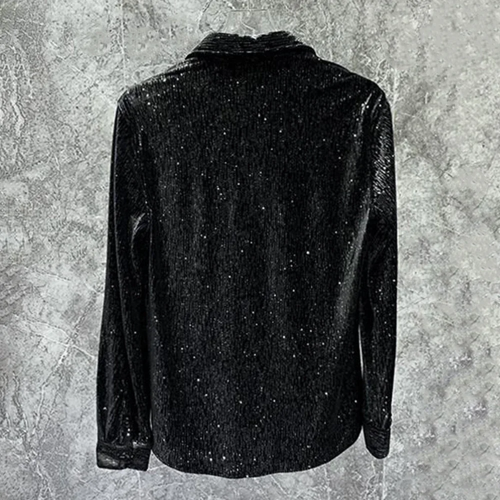 Mens Gold Velvet Shiny Long-Sleeved Casual Shirt 2024 Spring Autumn New Genderless Fashion Youth Slim Nightclub Performance Top