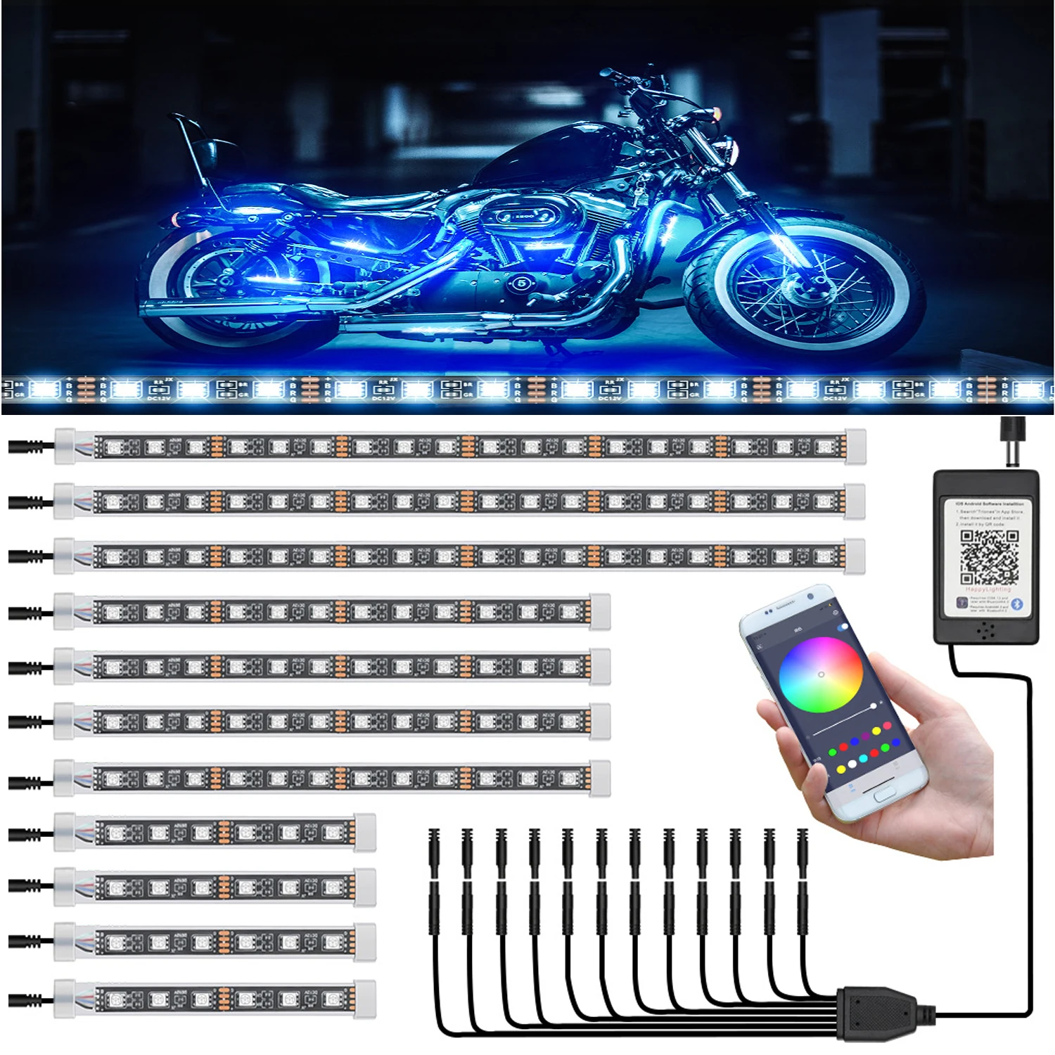 12 PCS Motorcycle LED Light Kit, Application Controlled Multi-Color Waterproof Light Strip Multiple Scene Mode RGB DC 12V 5050