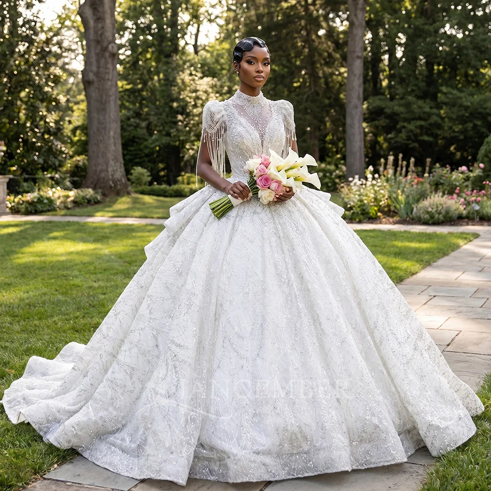 Customized Gorgeous Tassel Luxury Wedding Dresses Women Short Sleeve O-Neck Ball Gown Formal Bridal Dress vestidos de novia boda