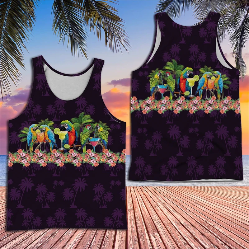 Summer Margarita Graphic Tank Top For Men Clothes Hawaiian Parrot Toucan Party Vest Cocktail Cold Drink Waistcoat Cute Bird Tops