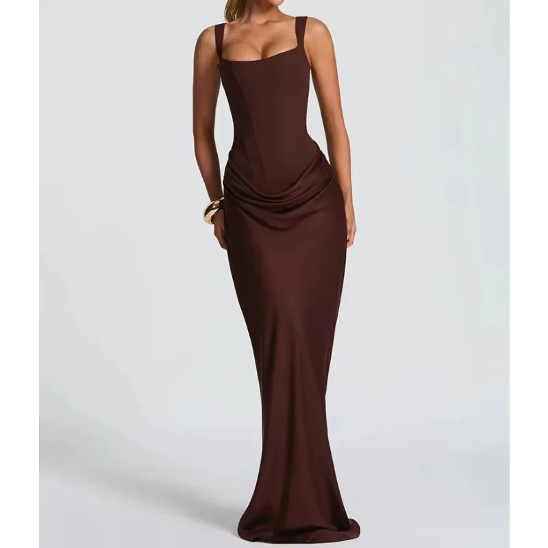 Backless Ruched Sexy Maxi Dress Women Elegant Square Collar Tapered Straps Sleeveless Bodycon Club Party Long Dress