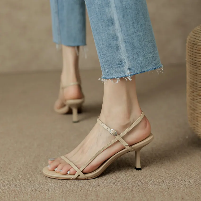 QUTAA 2024 Ankle Strap Women Sandals Thin High Heels Summer Shoes Woman Genuine Leather Casual Office Ladies Pumps Size 34-39