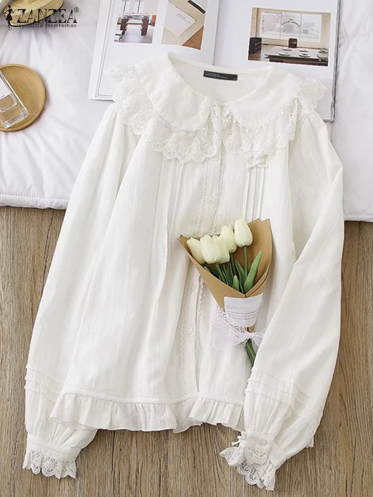 

ZANZEA 2025, корейские свободные блузки, женская милая однотонная блузка, праздничные рубашки с воротником Питера Пэна, модная летняя блузка с кружевной строчкой