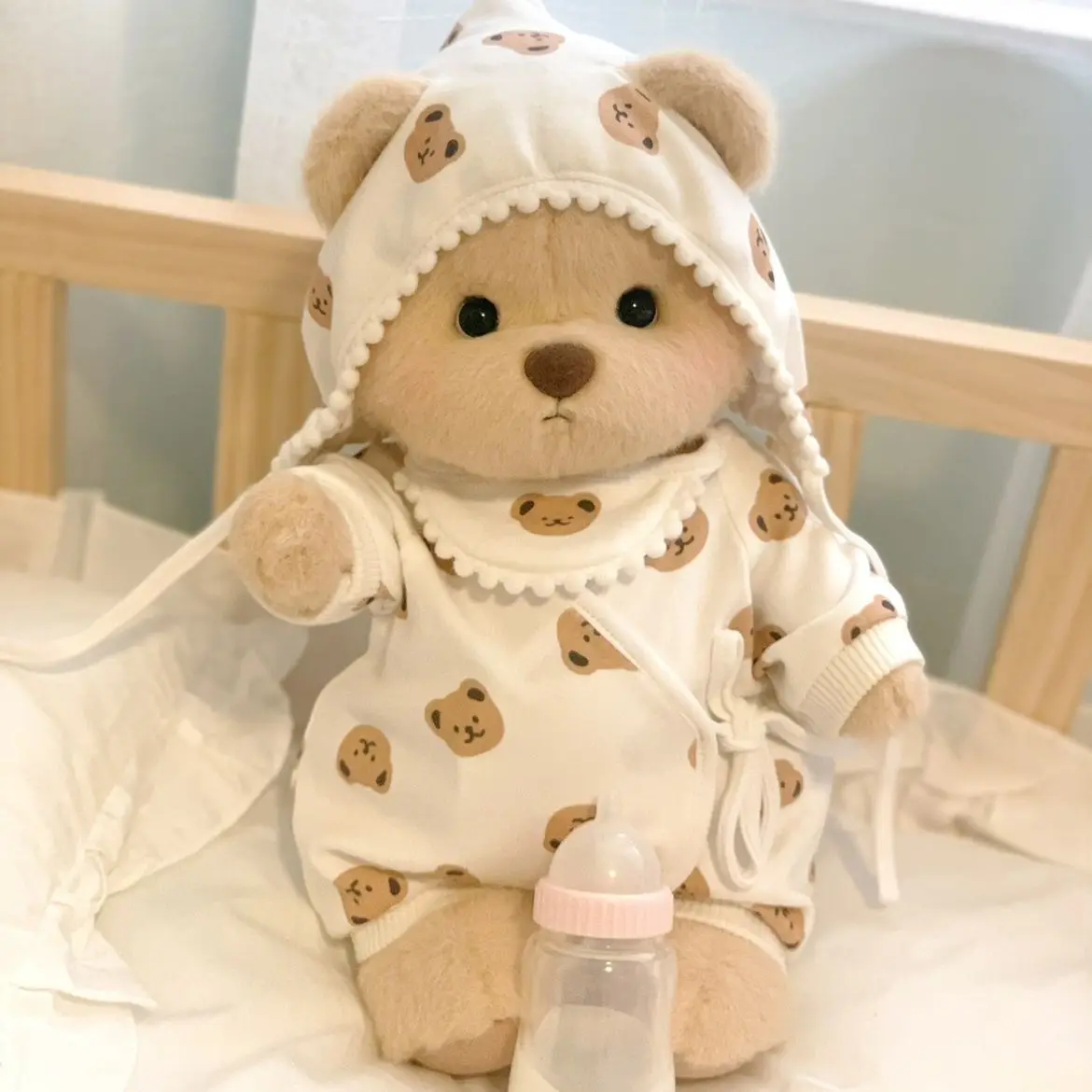 For Lena Joint Bear Doll Clothes Teddy Bear Crawler Clothes Baby Hat Water Scarf Sleepwear Sweet Milk White Set