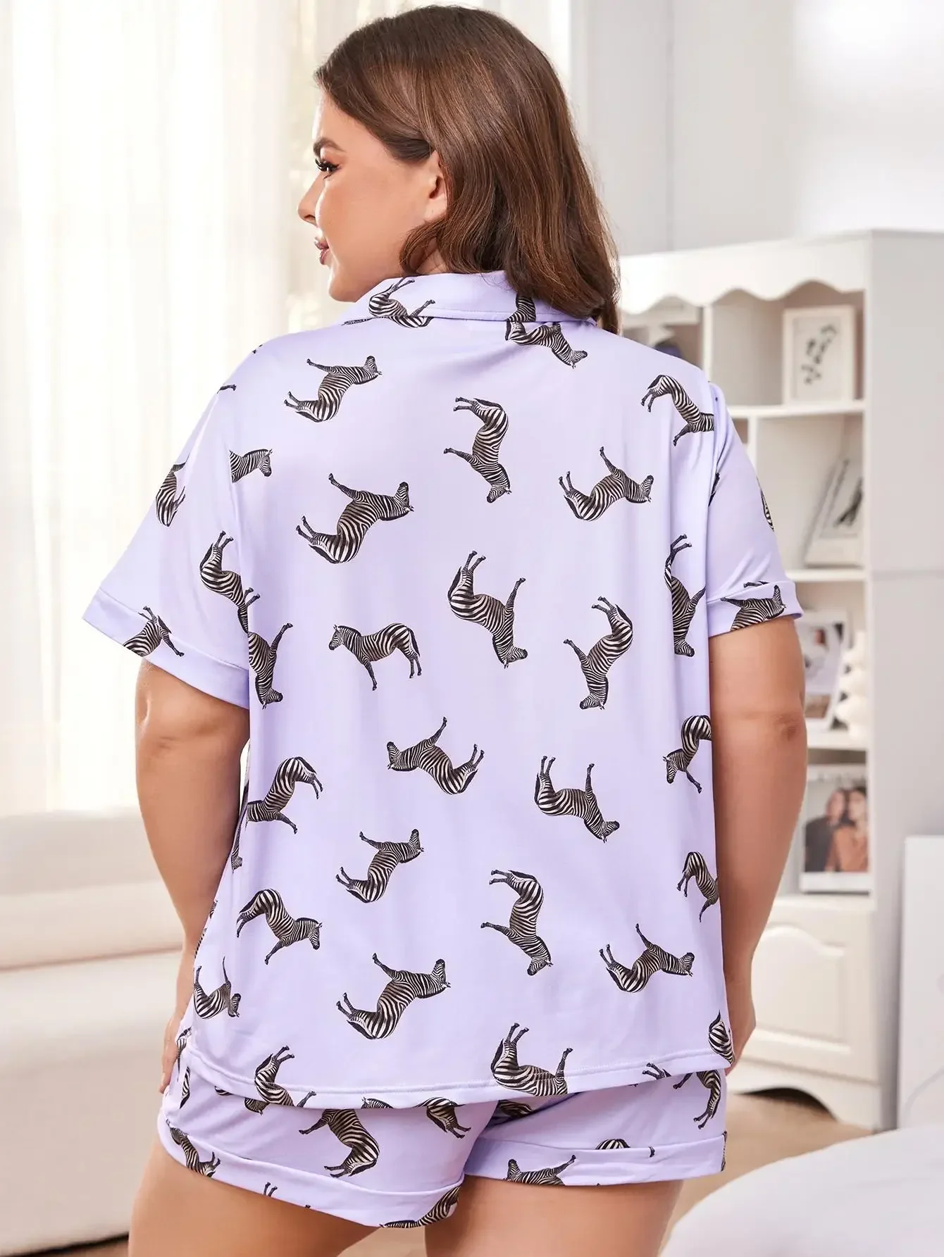 Horse Print Summer Women\'s Pajamas Set Notched Collar Top Tee & Elastic Waist Shorts Female 2 Pieces Sleepwear Nightwear