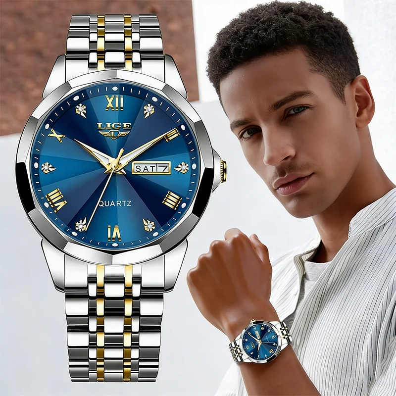

Мужские роскошные часы LIGE из нержавеющей стали с синим циферблатом, кварцевые деловые часы, модные спортивные часы с датой, водонепроницаемые мужские часы Reloj Hombre