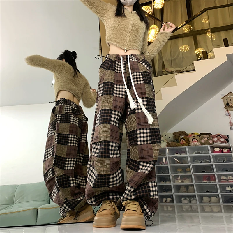 Women\'s plaid Y2k Baggy Cargo Pants Vintage Y2k Harajuku 90s Aesthetic Oversize Pants High Waist Trousers 2000s Fashion Clothes