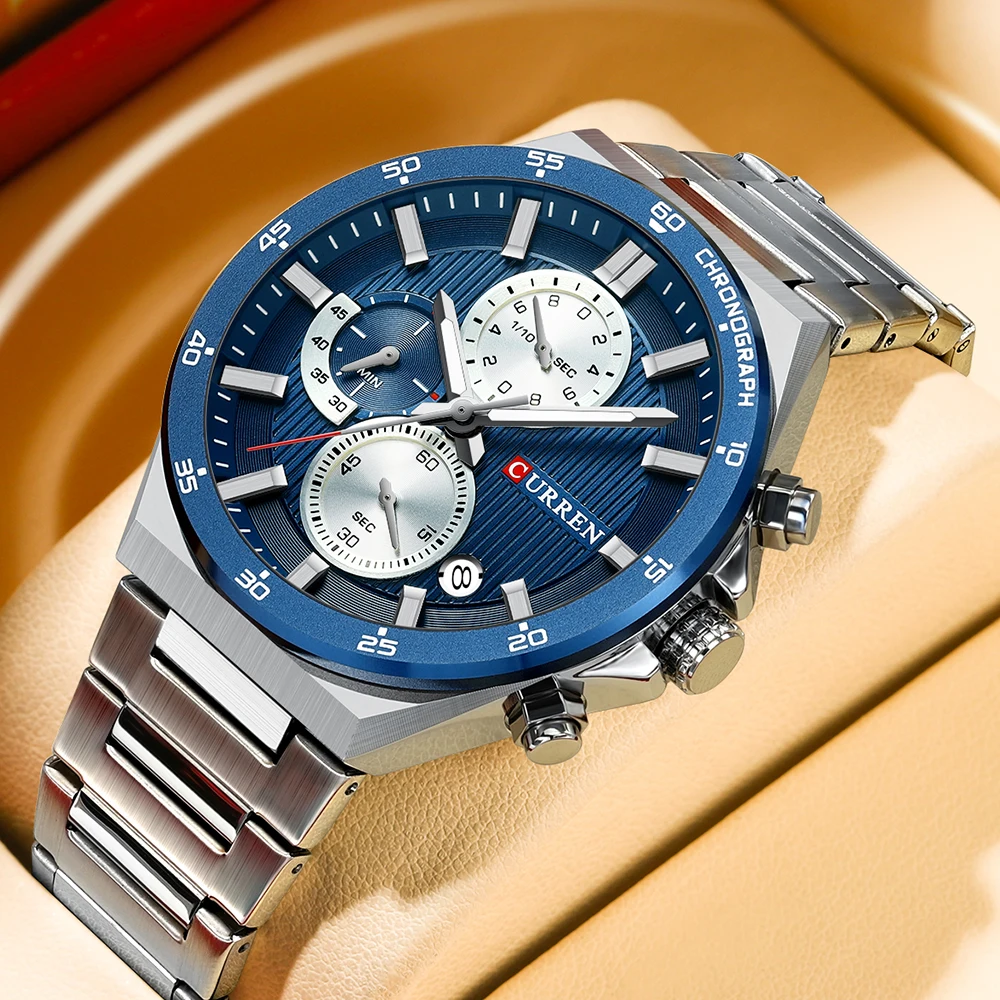 CURREN Sporty Elegant 43mm Men's Chronograph Dial Watch with Stainless Steel Band Luminous Hands Quartzt Wristwatch for Men