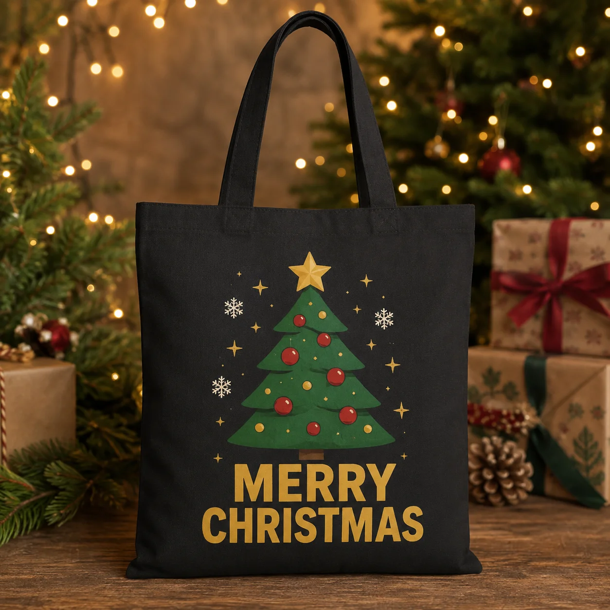 Custom 10PS Canvas Tote Bag Merry Christmas Tree Custom Name Logo Text Large Shopping Gift Handbag For Women Friends Holiday