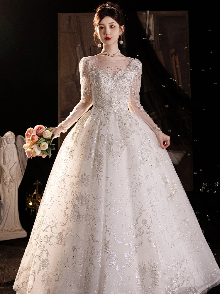 

Элегантное свадебное платье на одно плечо с длинным рукавом, новинка 2025 года, из кружевной ткани, с шлейфом в пол, для зимних свадеб