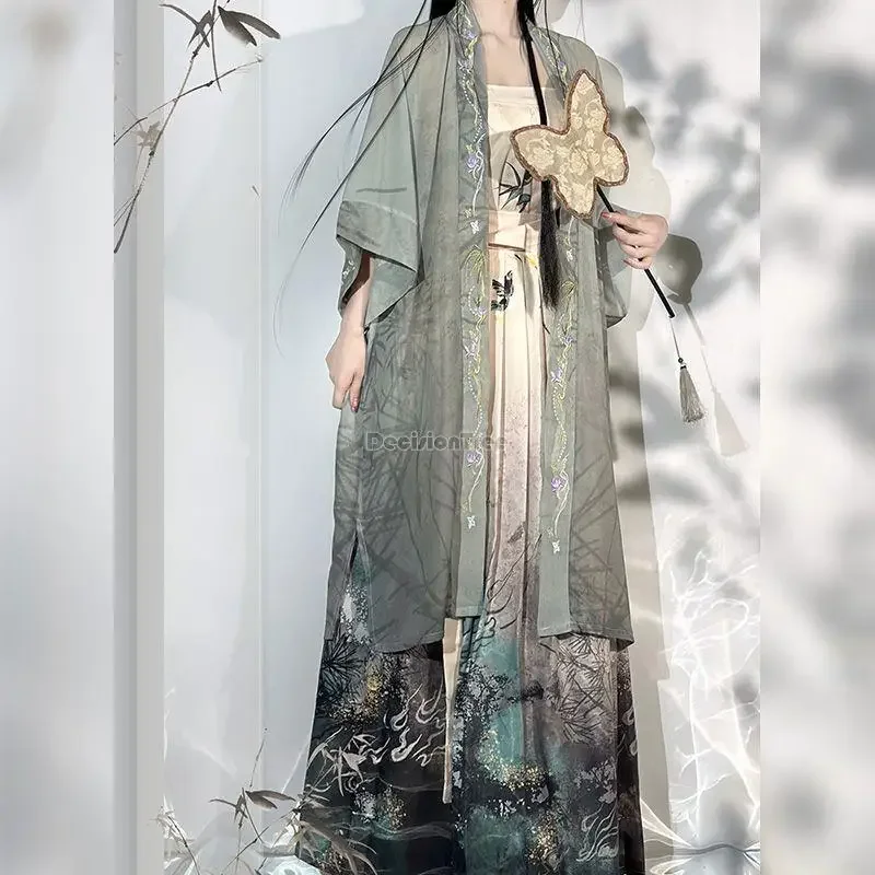 2023 cinese song dynasty hanfu femminile mezza manica vita gonna a pieghe quotidiana primavera estate stampata retro hanfu 3 pezzi set s656