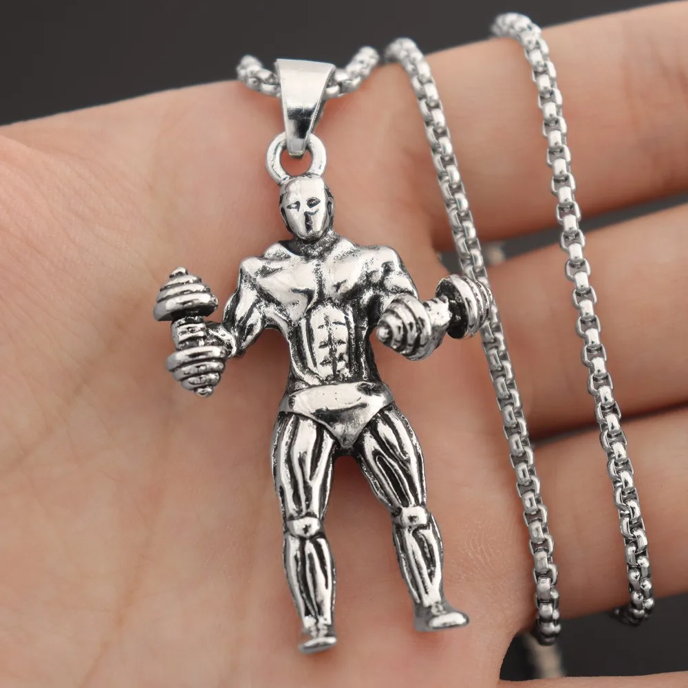 New Vintage Muscle Men's Fitness Dumbbell Pendant Charm Men's Necklace Fashion Hip Hop Jewelry Accessories Party Gift Wholesale