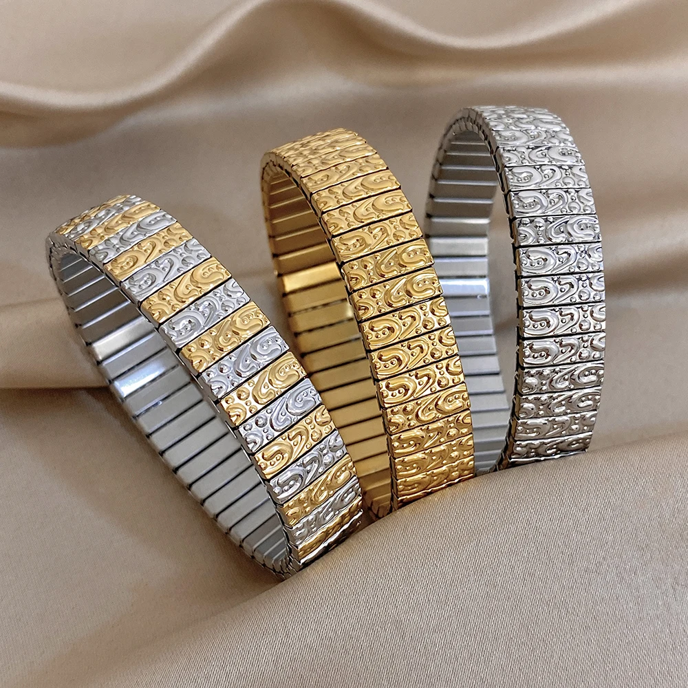 Unregelmäßige Geometrische Strukturierte Breite Armreifen Vintage Klobige Edelstahl Elastische Uhrenarmband-Armbänder Wasserdichter Schmuck