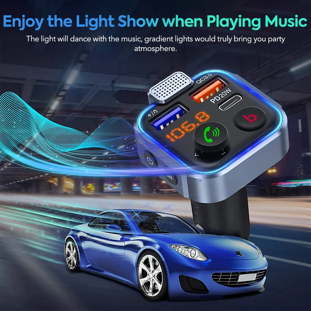 Upgraded V5.0 FM Bluetooth Transmitter Car, Car Adapter Bluetooth FM Radio Adapter Music Player/Car Kit, PD 20W and QC 18W