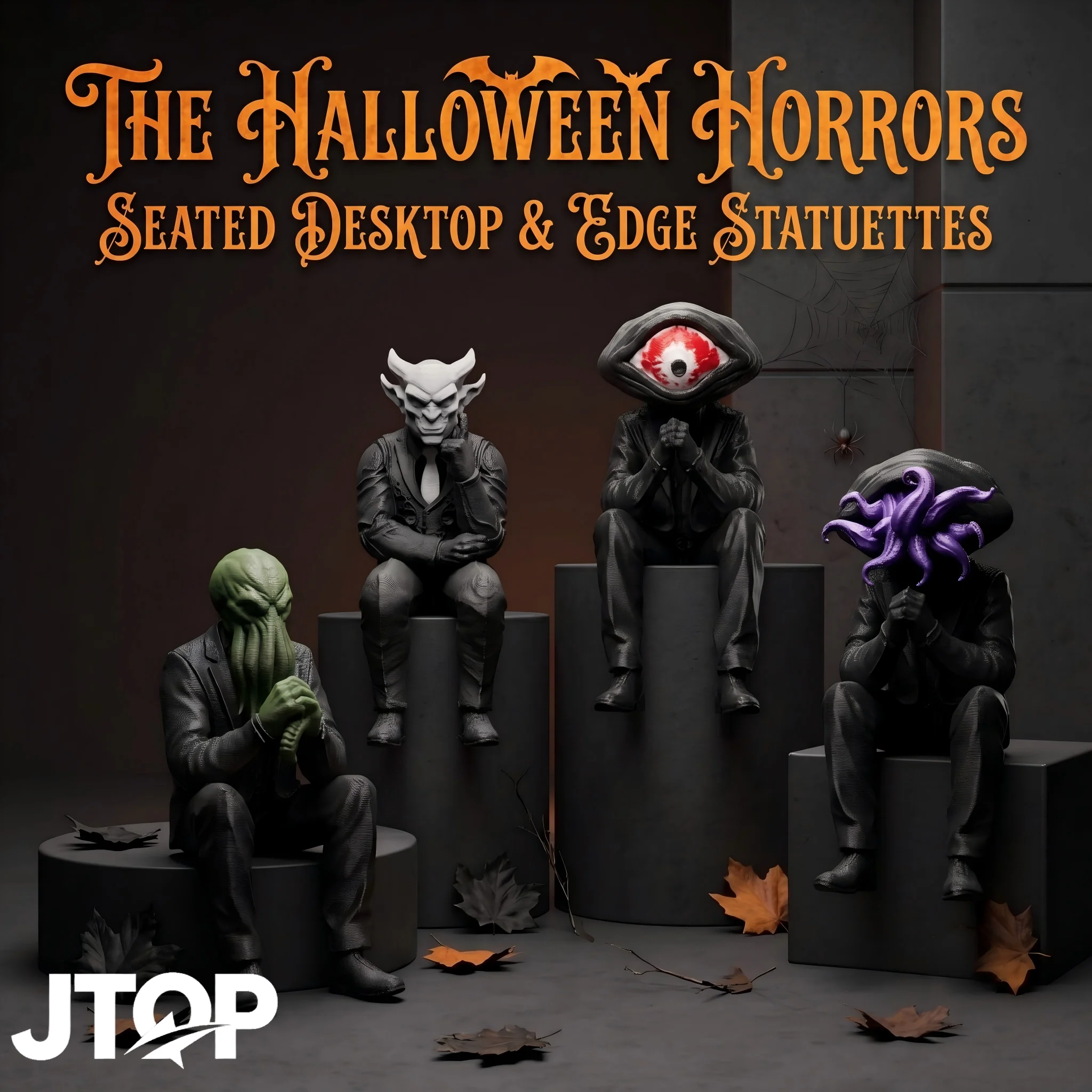 4-Piece Halloween Decor Dark Monster Sitting Statues, Big-Eyed Demon & Tentacle Monster in Black Suits Shelf Sitter Figurines, Gothic Creepy Office Desk Display, Novelty Gag Gift, Exquisite Miniature Desktop Art Crafts, Perfect for Macabre