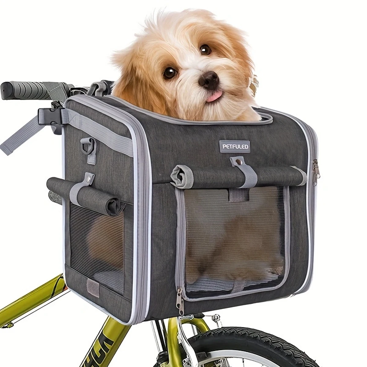 Dog or Cat Bike Basket, Expandable Soft Sided Pet Carrier Backpack with 4 Open Doors, Foldable Dog Bike Carrier