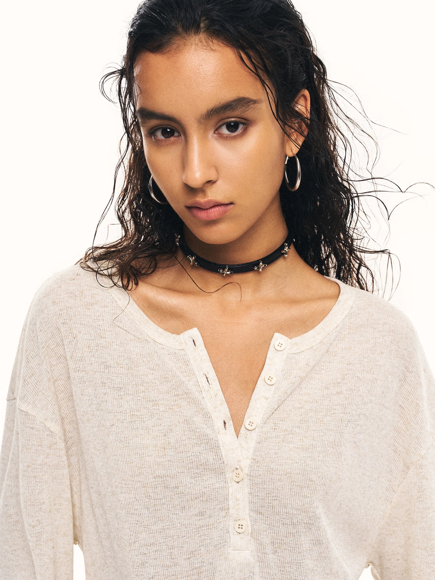 Linen Blend Long Sleeve Henry Collar Top Women Loose Lazy Style Thin Micro Transparent T-Shirt Vintage Style Ladies Premium F...