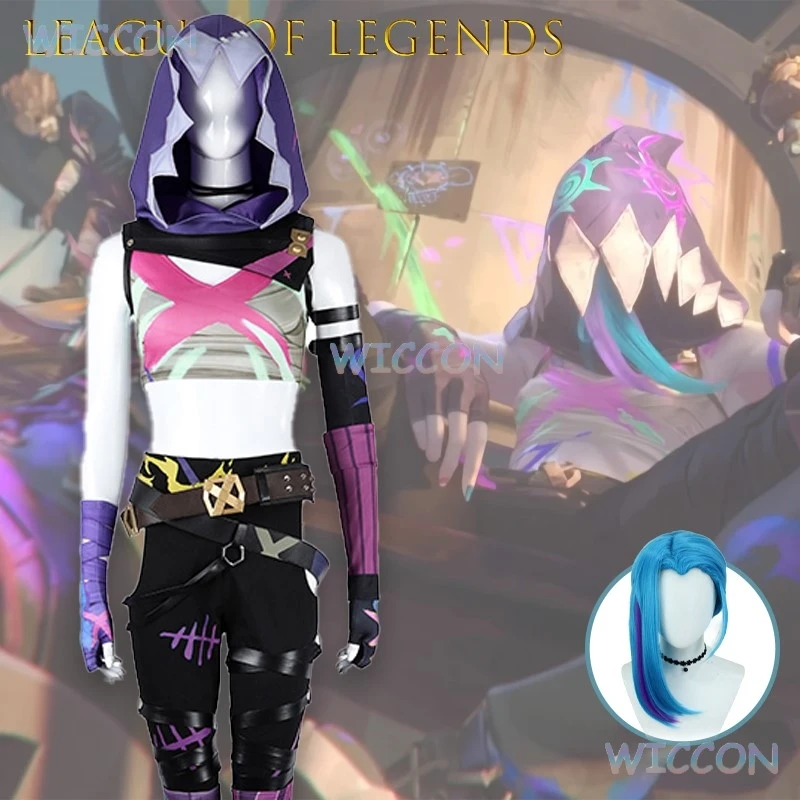

Game Accurate League of Legends Arcane Season Jinx Fractured Cosplay Costume Outfit Full Set Women Halloween Party Cos