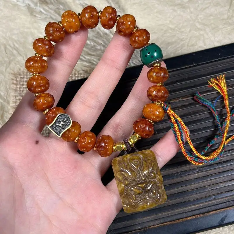 Yak Bone Single-Loop Meteorite Crater Silver And Gold Lao Tzu (God Of Wealth) Charm Bracelet