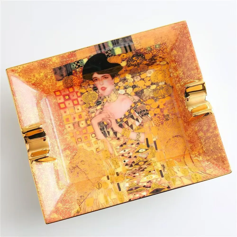 

Luxury Ceramic Cigar Ashtray with Box Klimt Kiss & Adela Smoke Ash Tray Holder Cigars Home Table Desk Accessories Decorative