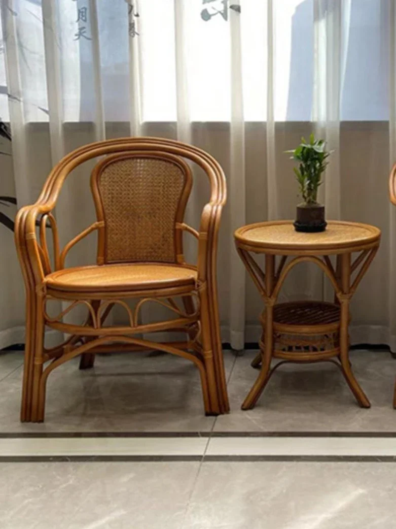Natural Rattan Chair Single Armchair Hand-Woven Chair Office Rattan Chair Retro Balcony Elderly Adult Leisure Chair