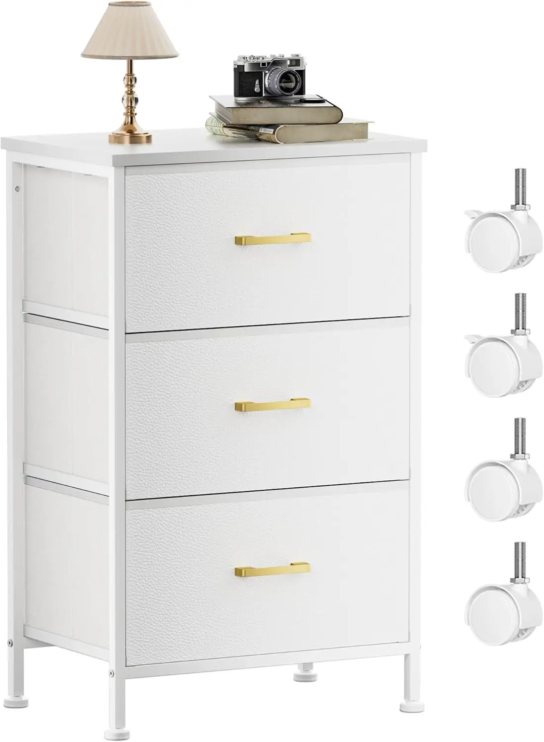 

Glacier White Fabric Dresser Nightstand with Steel Frame Nursery Organizer Bedroom Furniture 3 drawer Closet Stand