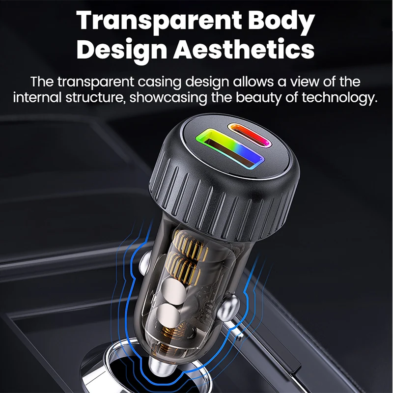 60W USB/Type C Dual Port Car Charger Fast Charging 2 IN 1 Car Cigarette Lighter Conversion Plug Portable Car Charger