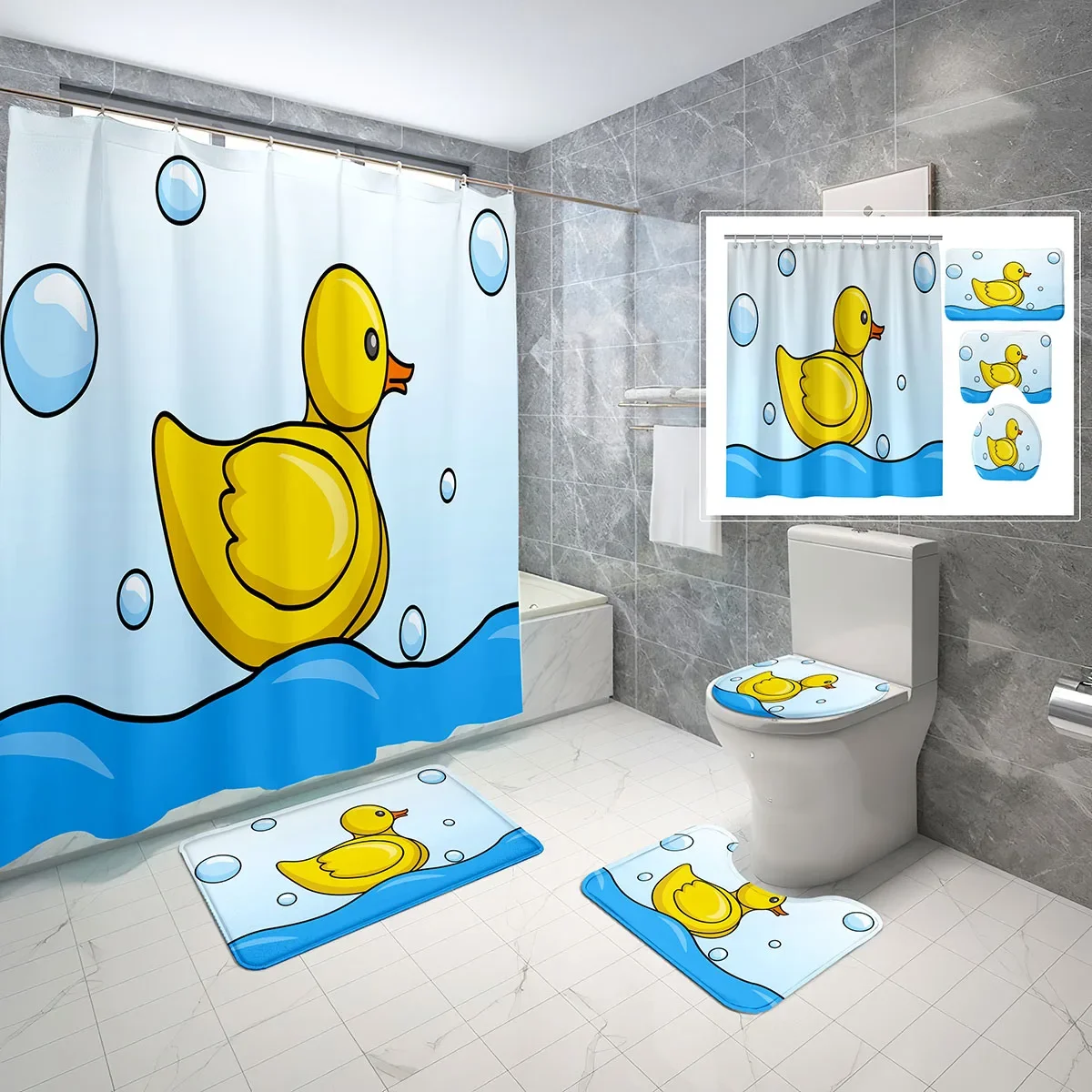 4 Pcs Cartoon Duck Shower Curtain Sets Cute Yellow Duck Fun Bubbles Non-slip Bath Mat Toilet Lid Waterproof Shower Curtain Set