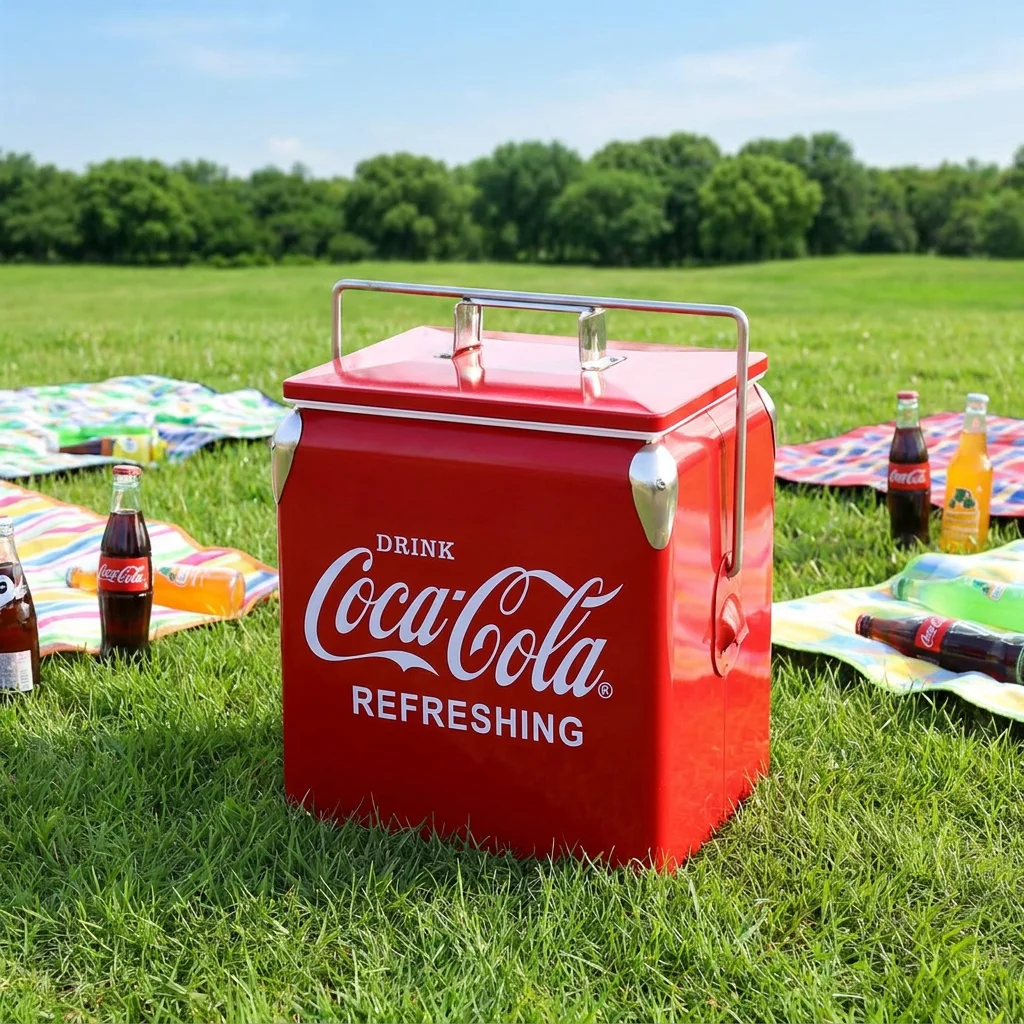 13L Portable Insulated Custom Vintage Picnic Beach Camping Cooler Box & Bag with Ice Retention Wine Traveler PP+Metal