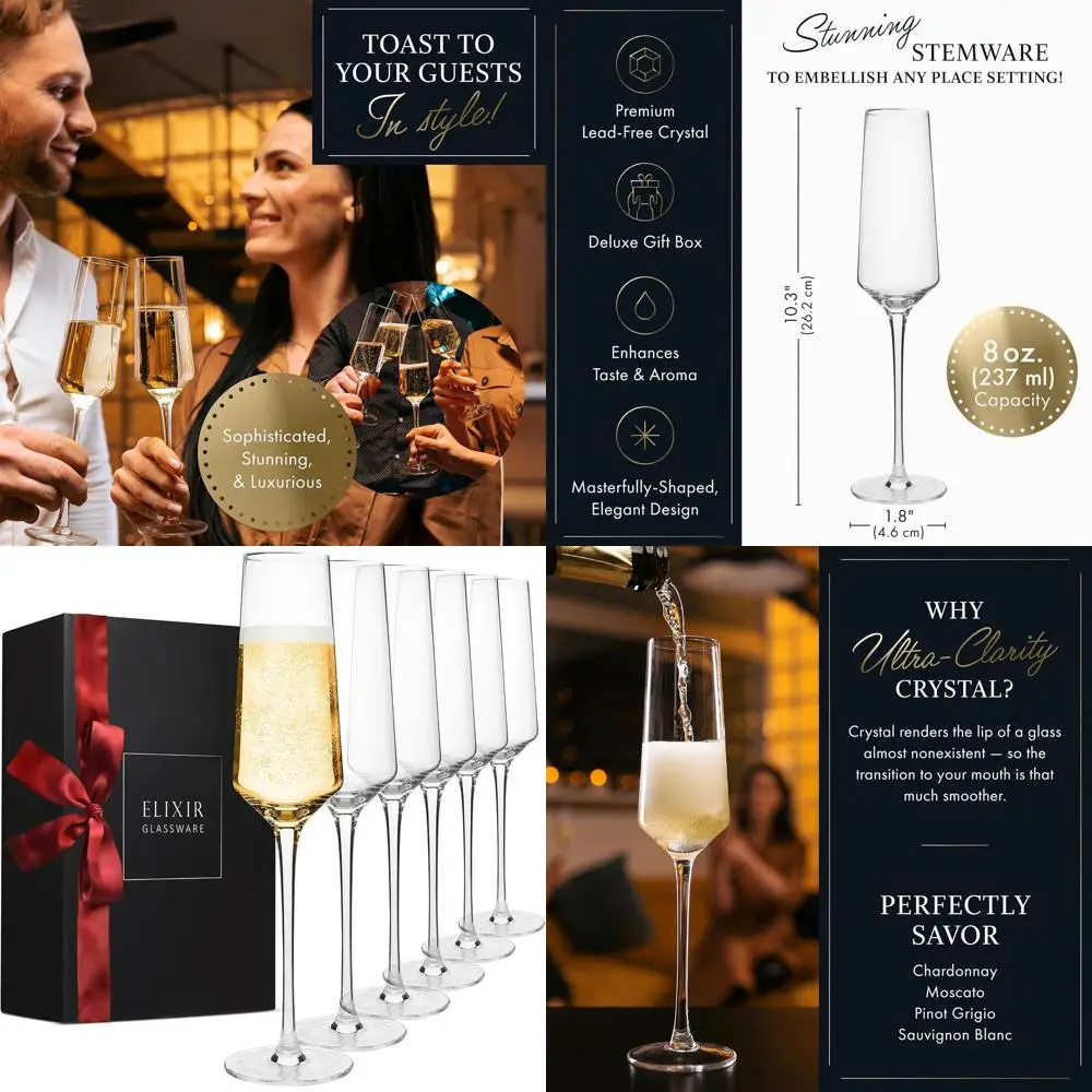 

Set of 6 6oz Classic Crystal Champagne Glasses - Elegant Stemware for Weddings, Prosecco, and Cocktails