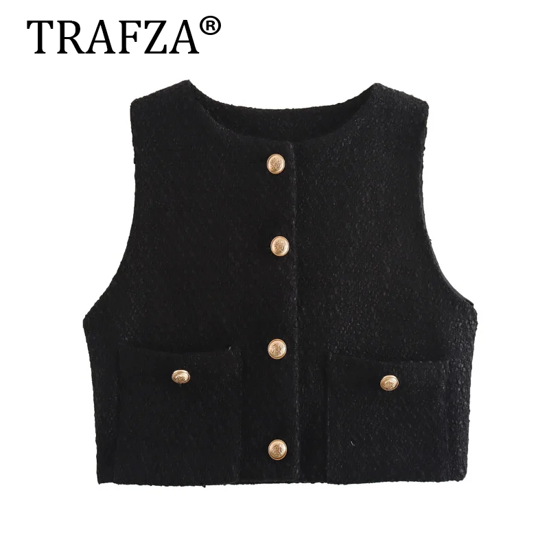 TRAFZA Vintage Autumn Chanel Style Button Vest For Women Vests Fashion Solid Pockets O Neck Texture Elegant Sleeveless Camisole﻿