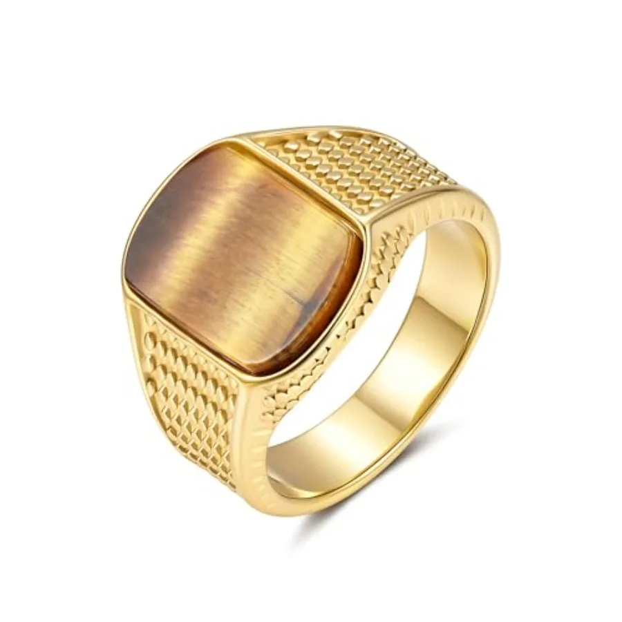 Anillo de Ojo de Tigre YeGieonr para Hombre, Anillo de Sello Chapado en Oro de 18K, Anillo con Piedra Preciosa de Ojo de Tigre Natural, Resistente al Deslustre e Impermeable