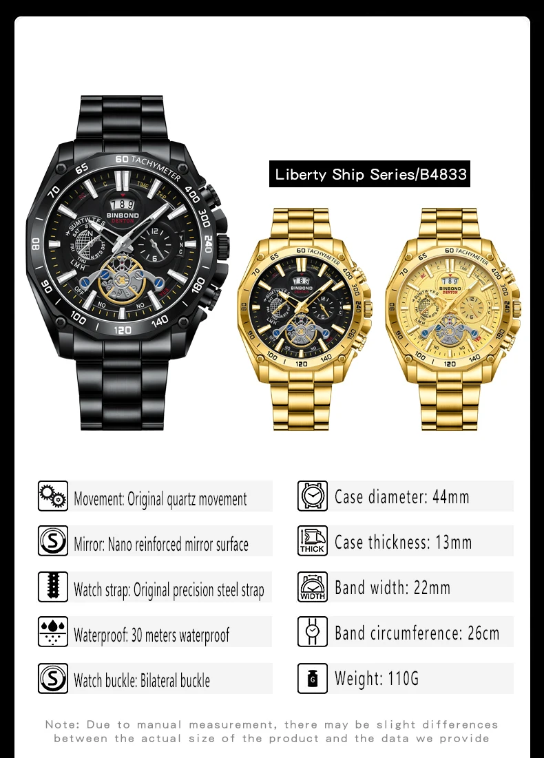 BINBOND 4750 موضة رجال الأعمال ساعة كوارتز ثلاثة عين ستة إبرة كرونوغراف مقاوم للماء ضوء الليل التقويم ساعة كوارتز