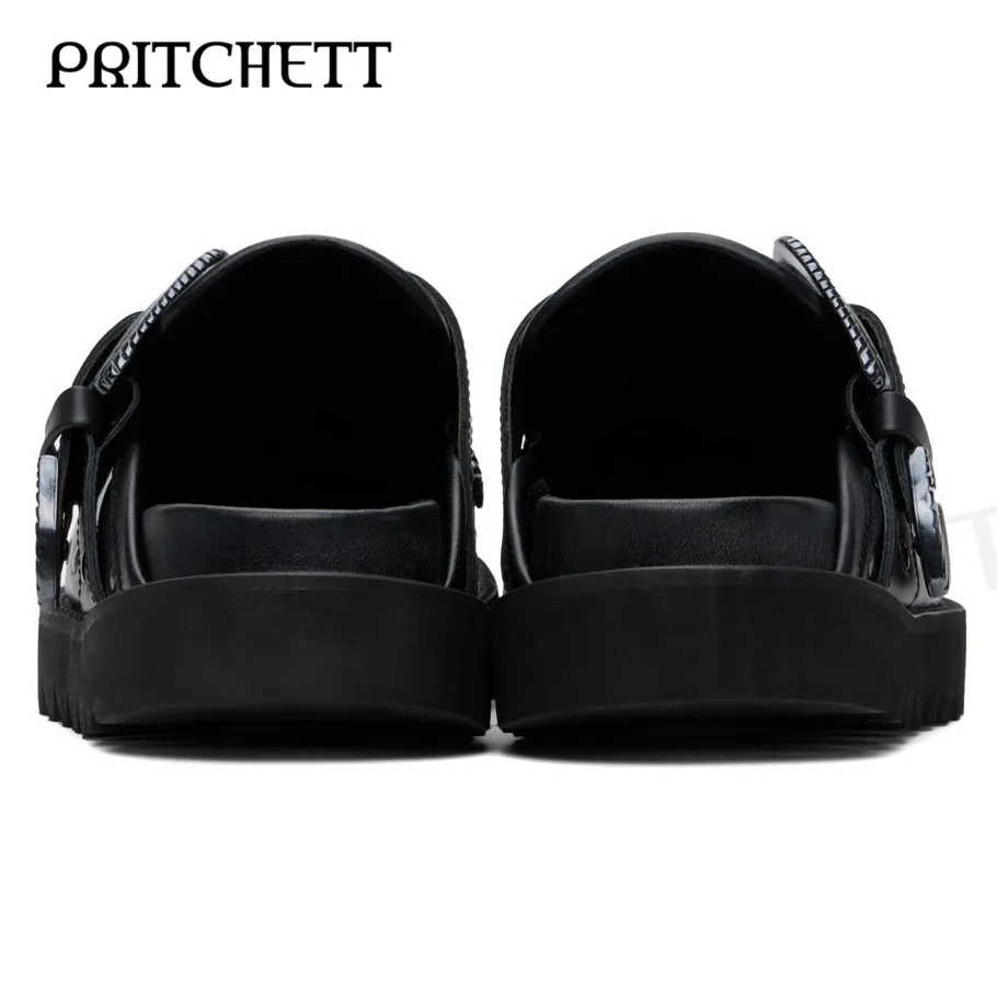 Black and White Belt Mule Buckle Slippers with Color Matching Round Toe Thick Soles Retro Rivets Casual Fashion Sandals for Men