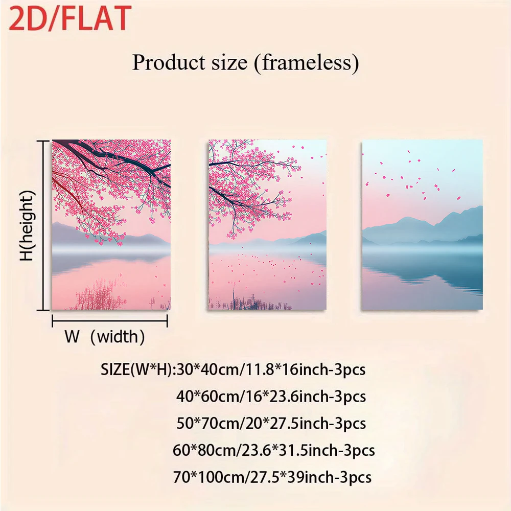 3PCS Frameless,1 set of triptych cherry blossom lake view frameless decorative paintings, modern and simple living room backgrou