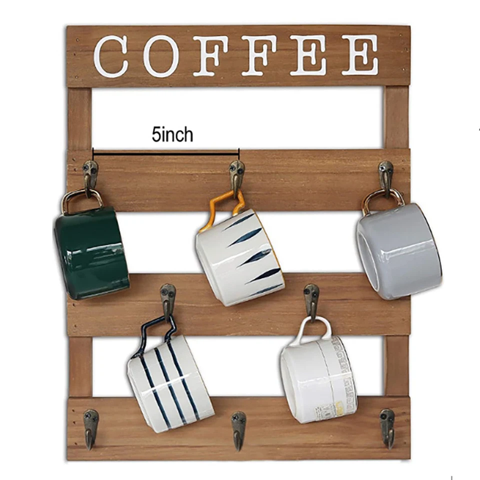 Rustic Wall Mounted Coffee Mug Rack, Cup Organizer, 8 Hooks, Real Pine Wood for Kitchen, Home, Bar