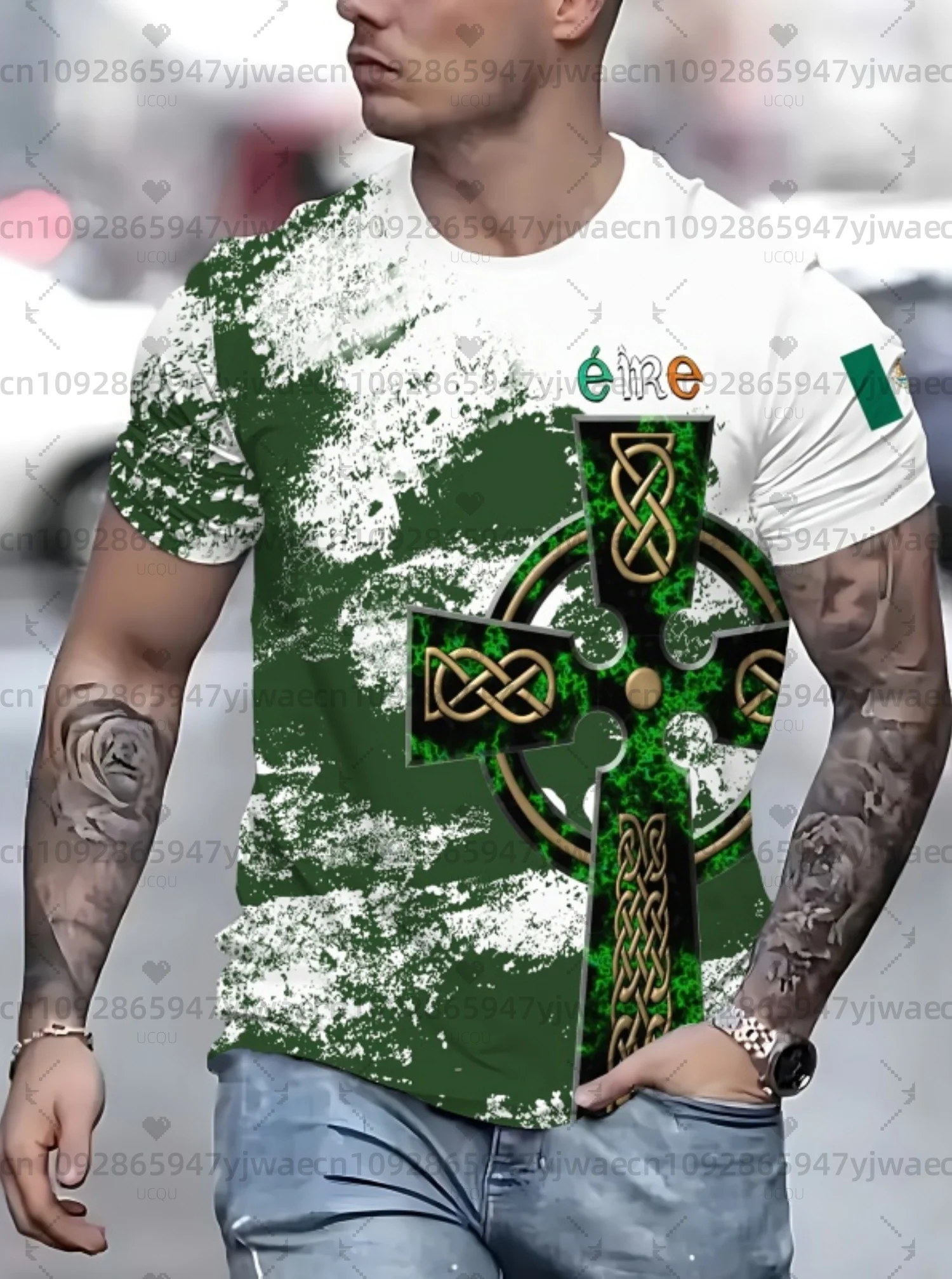 2026 mens Irish Flag T Shirt For Men St. Patrick's Day Clover Graphic T-Shirts Ireland Celtic Cross 3D Round Neck Tops Tees