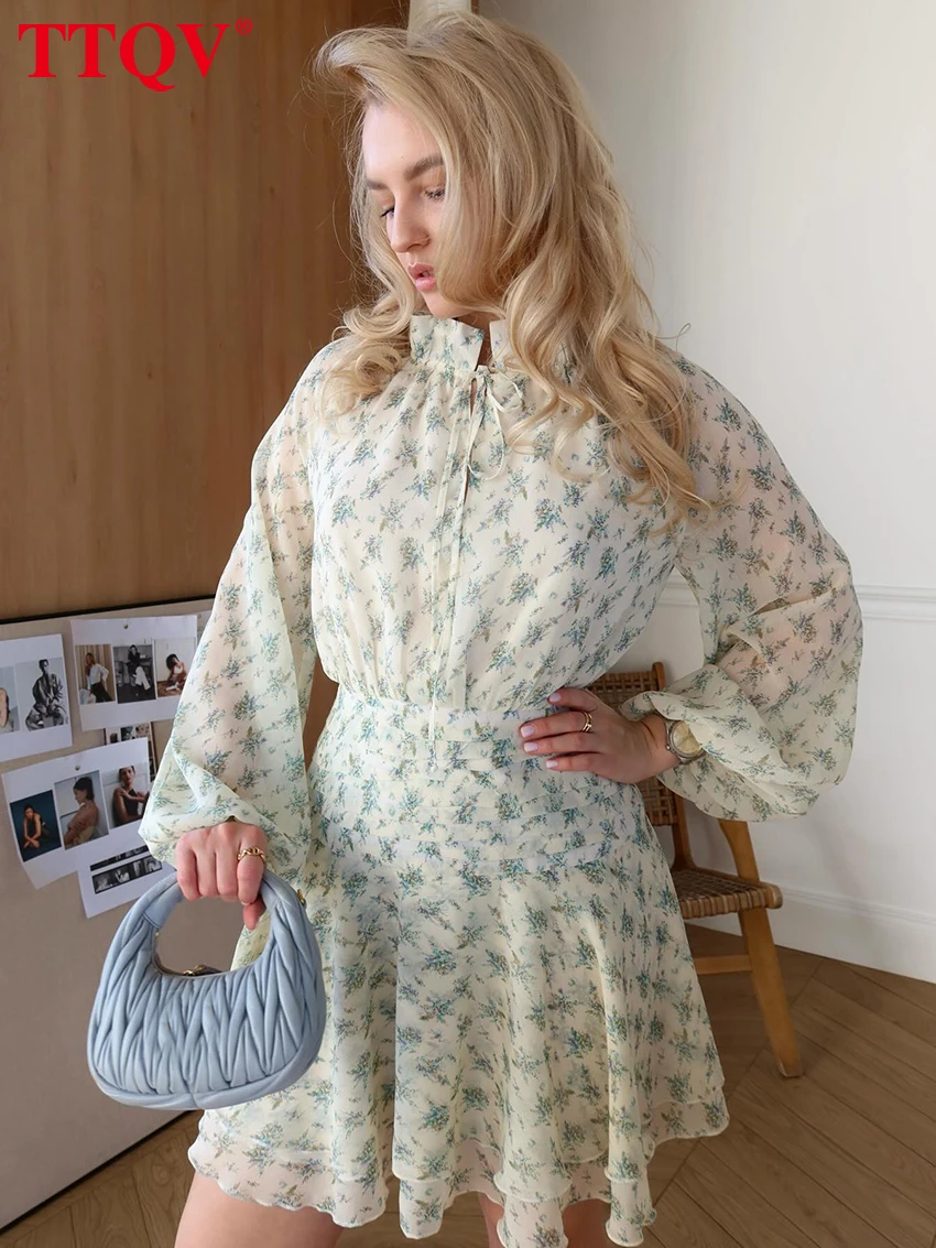 

TTQV Fashion Loose Print Women's Dress 2026 Autumn Stand Collar Puff Sleeve Mini Dresses Elegant Classic Pleated Female Dress