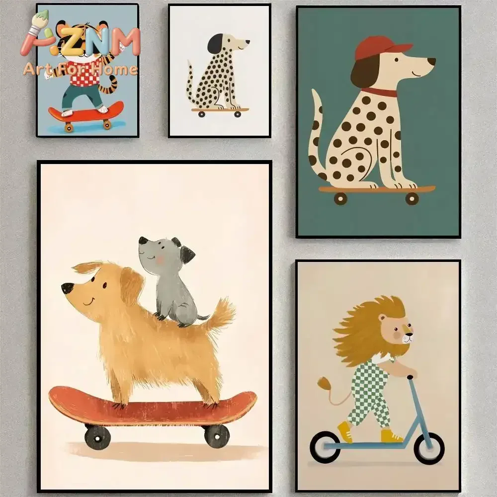 AZNM Cute Skateboard Animal Canvas Wall Art, Cartoon Tiger Dog Lion Riding Scooter Print, Boho Kids Playroom Nursery Poster, Unf