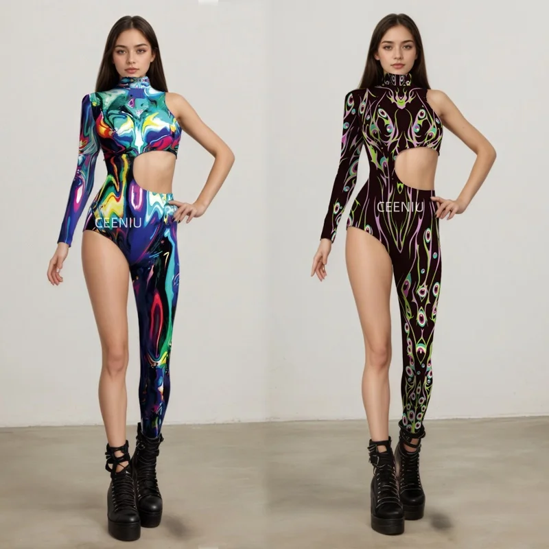 

Peacock Print Cutout Bodysuit Multicolor Psychedelic Swirl One Sleeve One Leg Jumpsuit Women Rave Festival Party Cosplay Costume