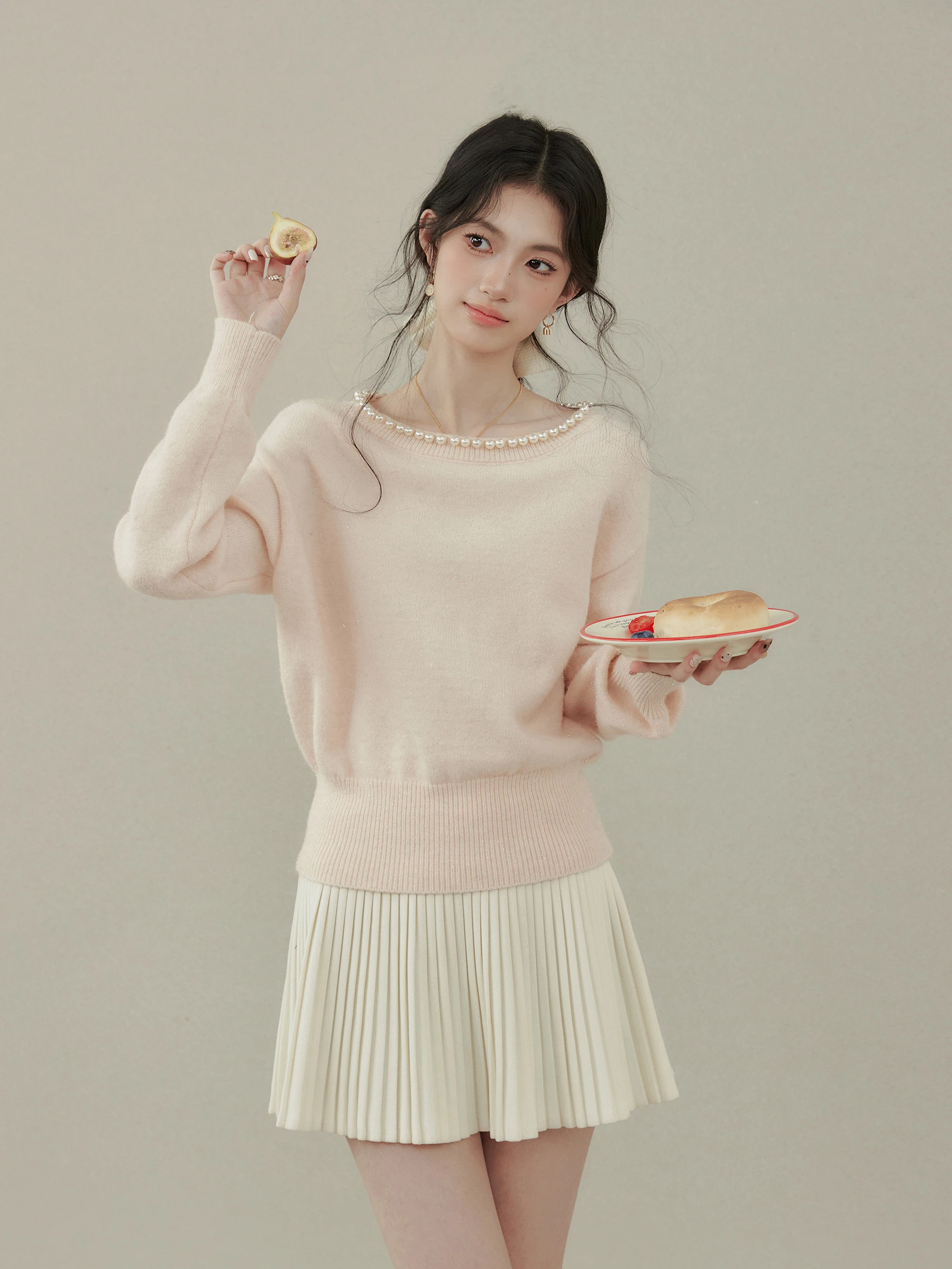 

Sweet Sle Pink Pearl Collar round Ne Knitted Sweater Women's Autumn Winter New Faion Waist Cinching Elegance Top
