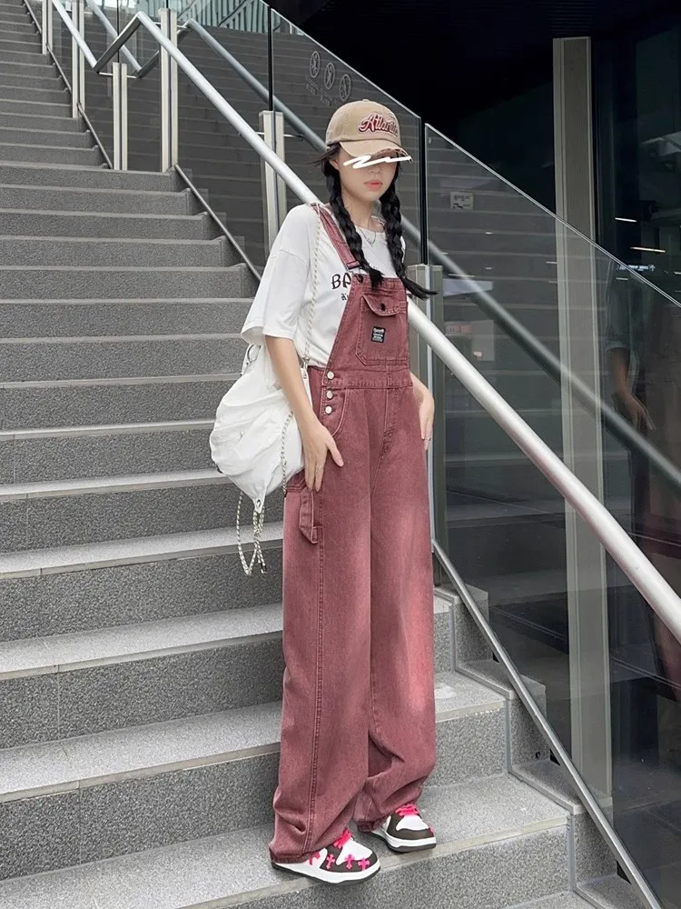 

Американская рабочая одежда в стиле ретро, джинсовые комбинезоны, женские весенне-летние новые маленькие размеры, розовые свободные прямые брюки, комбинезон