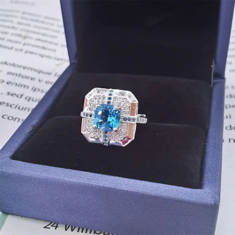 Best Seller ZECAA Topaz Fine Jewelry Lady Topaz Ring With Natural Switzerland Blue Gemstone 7*7mm Best Lady Topaz Ring Jewelry