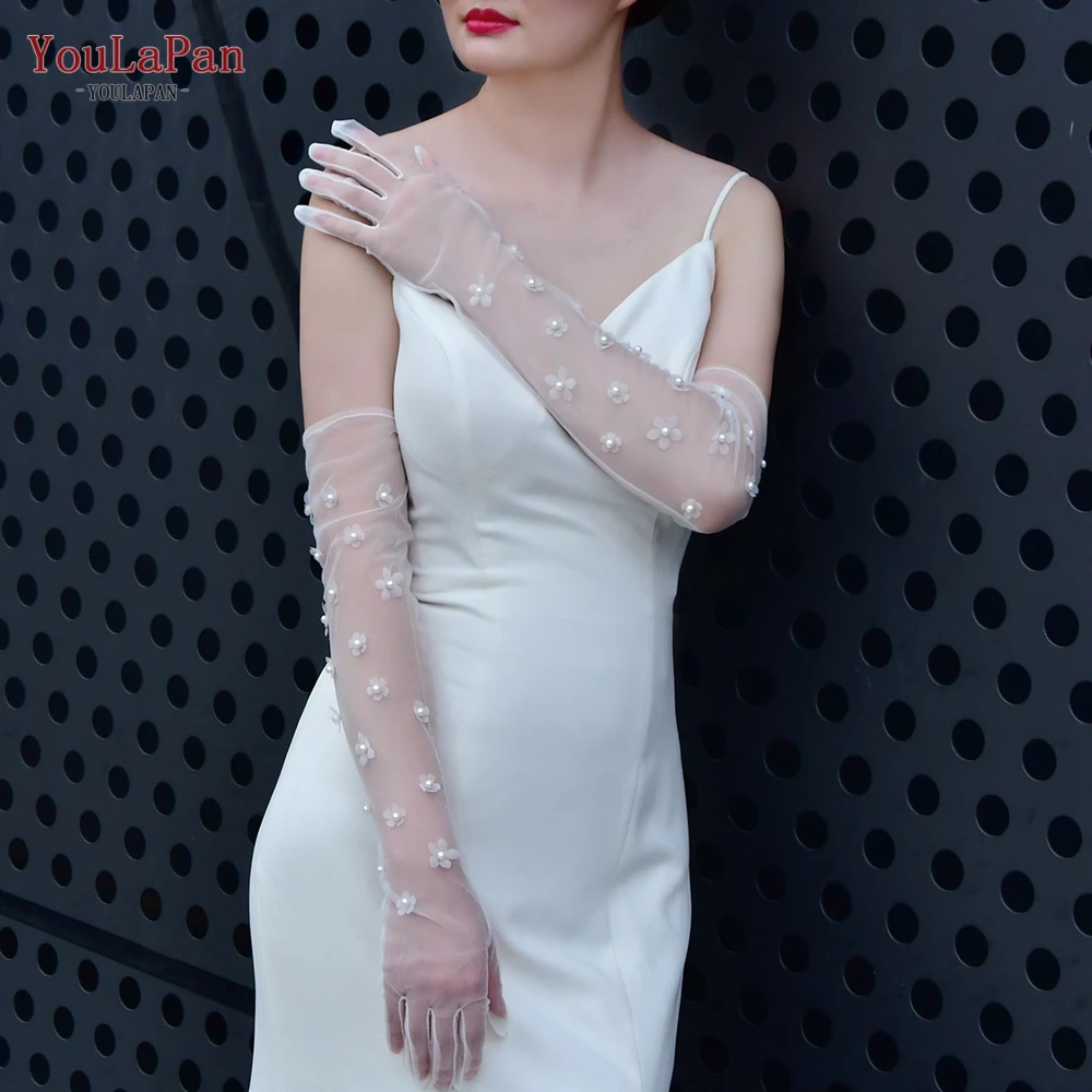 YouLaPan VM14 Bridal Gloves Pearl Flower Wedding Gloves Transparent Long Above the Elbow DIY Tulle Bridal Accessories