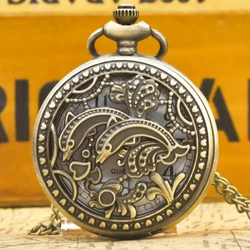 Vintage Bronze Steampunk Jumping Dolphin Sculpture Quartz Pocket Watch Necklace Pendant Clock Chain Men Women Chain Gift