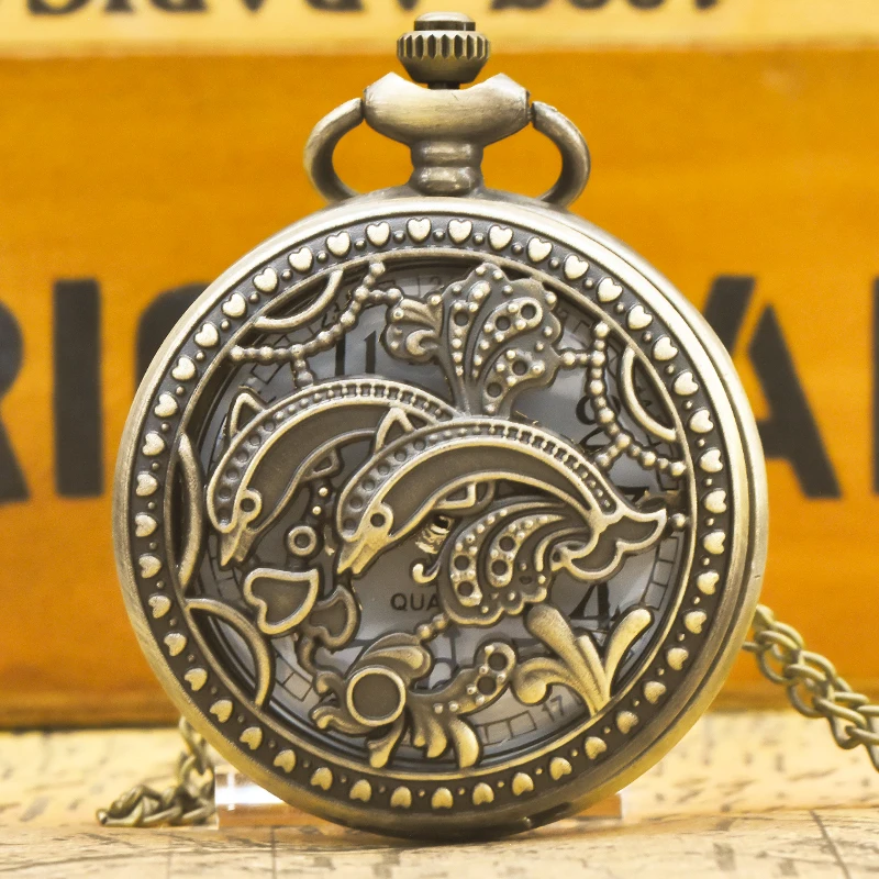 Vintage Bronze Steampunk Jumping Dolphin Sculpture Quartz Pocket Watch Necklace Pendant Clock Chain Men Women Chain Gift