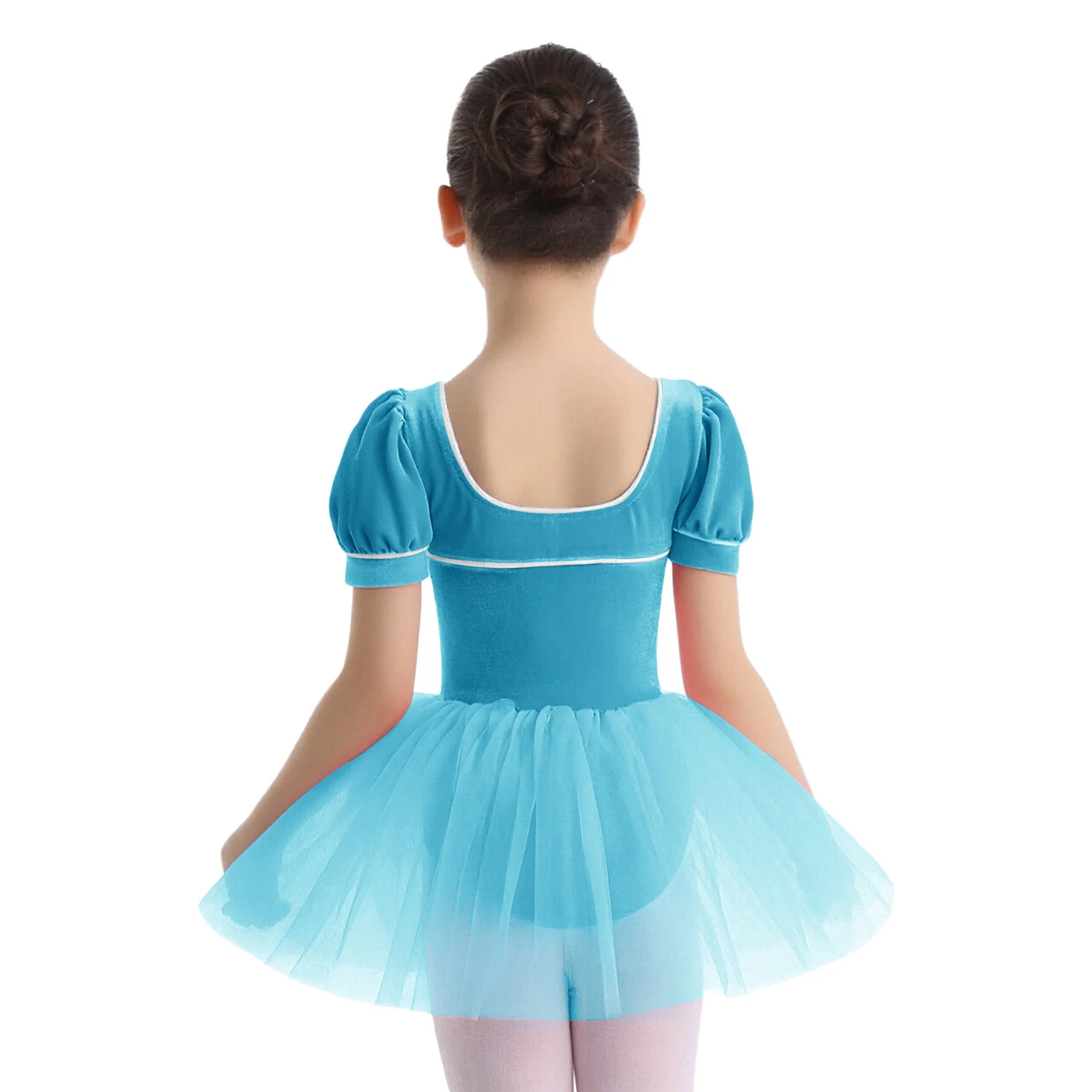 Kids Girls Ballet Tutu Dresses Bow Puff Sleeves Velvet Tulle Dress with Built-in Briefs for Stage Performance Birthday Party