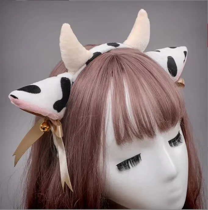 Ikat Rambut Bando Telinga Sapi Lembut dengan Pita Bel Busur Anime Lolita Cosplay Bando Rambut Aksesori Kepala Rias Hewan