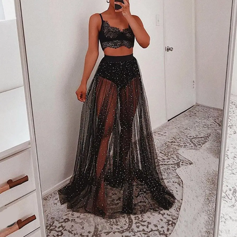 Mesh See Through Women\'s Skirt Mesh Big Hem Ankle Length Thin High Waist Elastic Waist Summer Shiny Sequin Solid Long Skirts